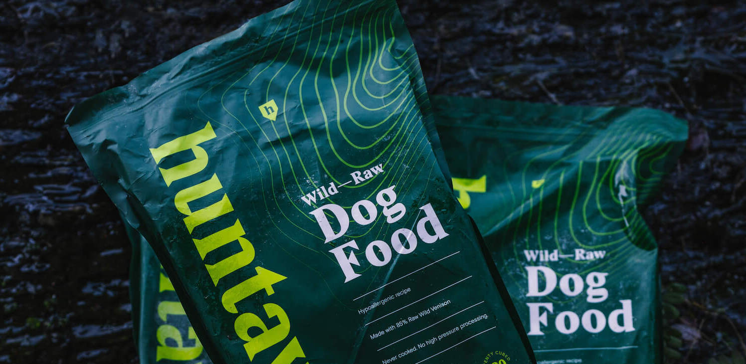 Bags of Huntaway Wild Raw Dog Food.