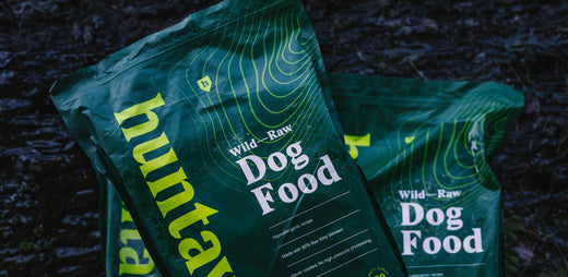 Bags of Huntaway Wild Raw Dog Food.