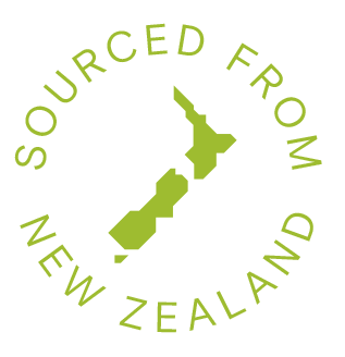 "Sourced From New Zealand" written and encircling a green New Zealand silhouette